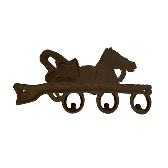 Cast Iron Western Horse Hat Wall Hanger 3 Hooks, Rustic Brown with Black Accents - Picture 3 of 4